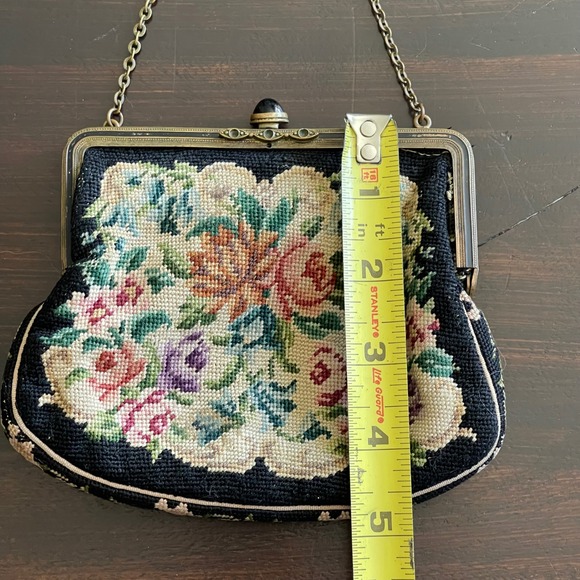 Vintage Needlepoint Floral Petit Point Evening Bag Black Brass Frame Chain Strap - Picture 9 of 9